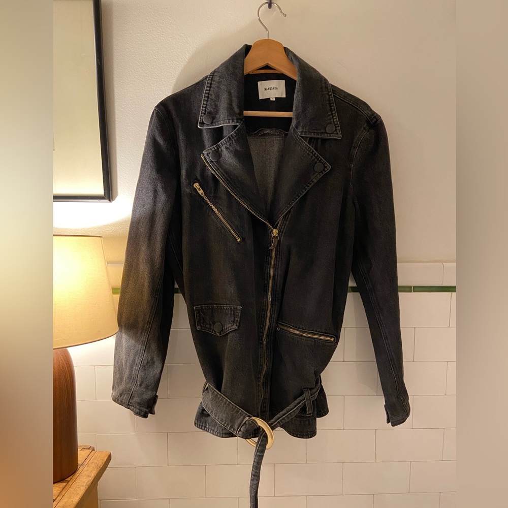 Nanushka Cite Oversized Denim Belted Biker Jacket